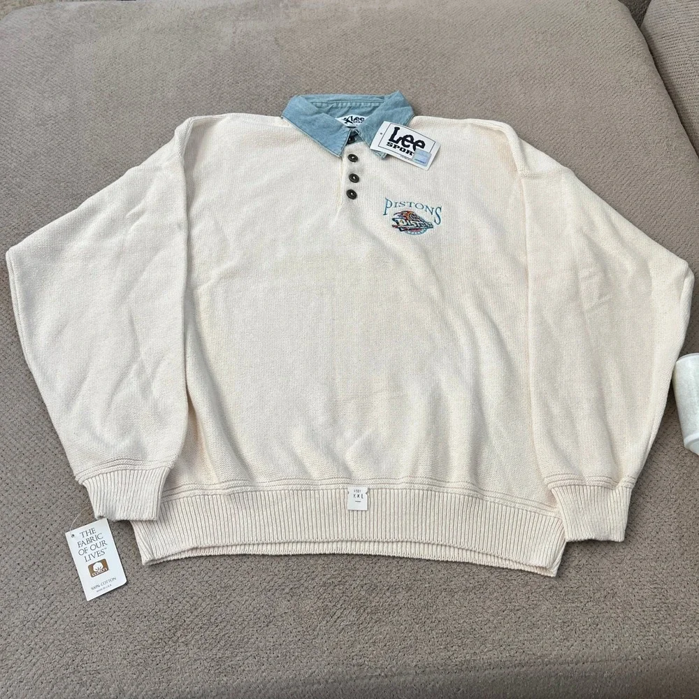 Vintage 1990s Lee Sport Detroit Pistons NBA Knit Polo Sweater Cream XXL XL